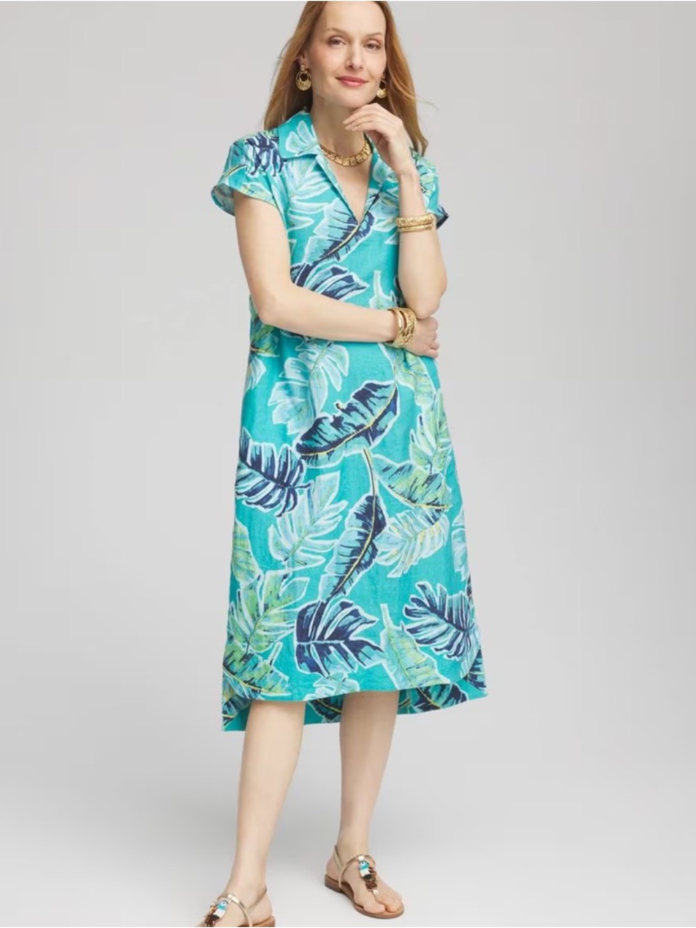 Chico's Tropical Floral Midi Dress Small 100% Linen Pockets Resortwear Vacation